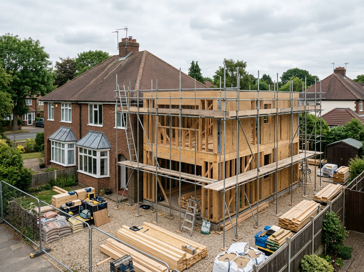 Timber frame extension taking shape on a residential construction site
