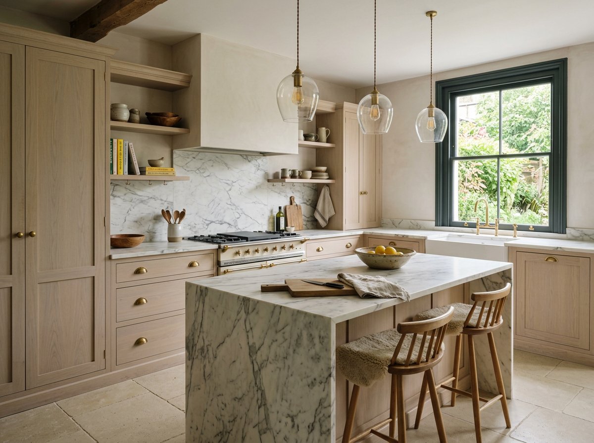 Light-filled kitchen with oak cabinetry and a marble island